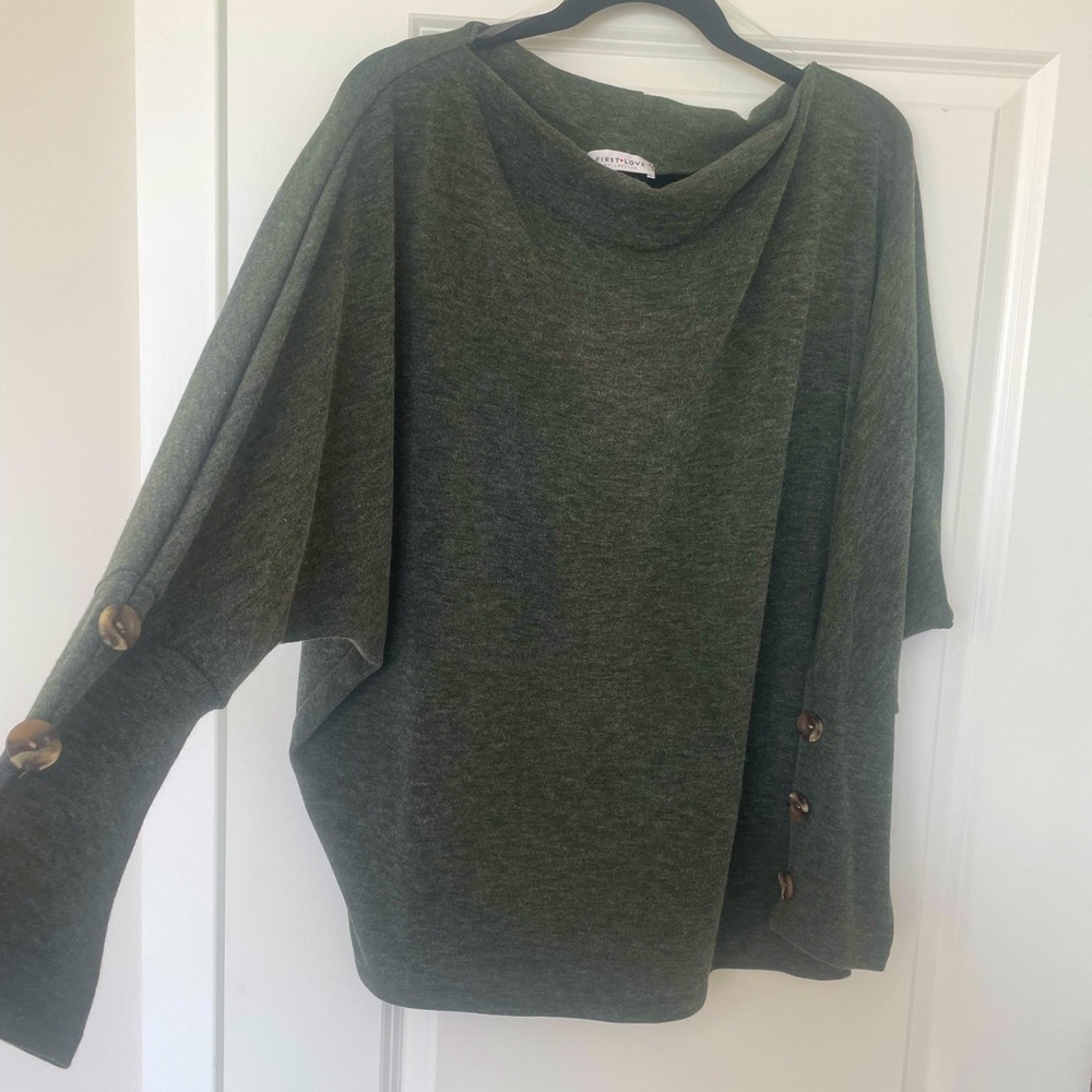 Solid Boat Neck Button Trimmed Dolman Sleeve Top